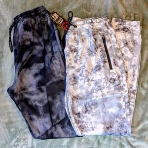 Men's BURNSIDE Brand 2 Pair Tech Tie-Dye Jogger Pants - WHITE Black and Gray NEW